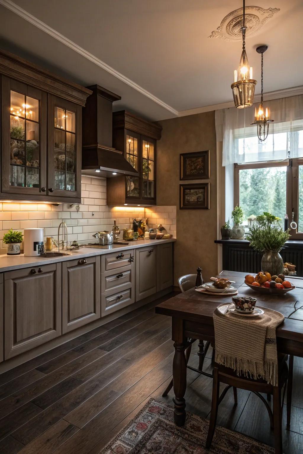 Earth tones add warmth to this kitchen with dark floors.