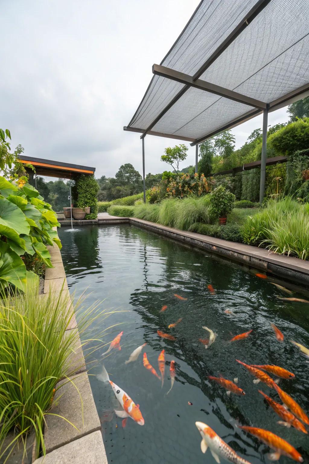 A koi pond benefiting from plant filters, providing both shade and purified water.