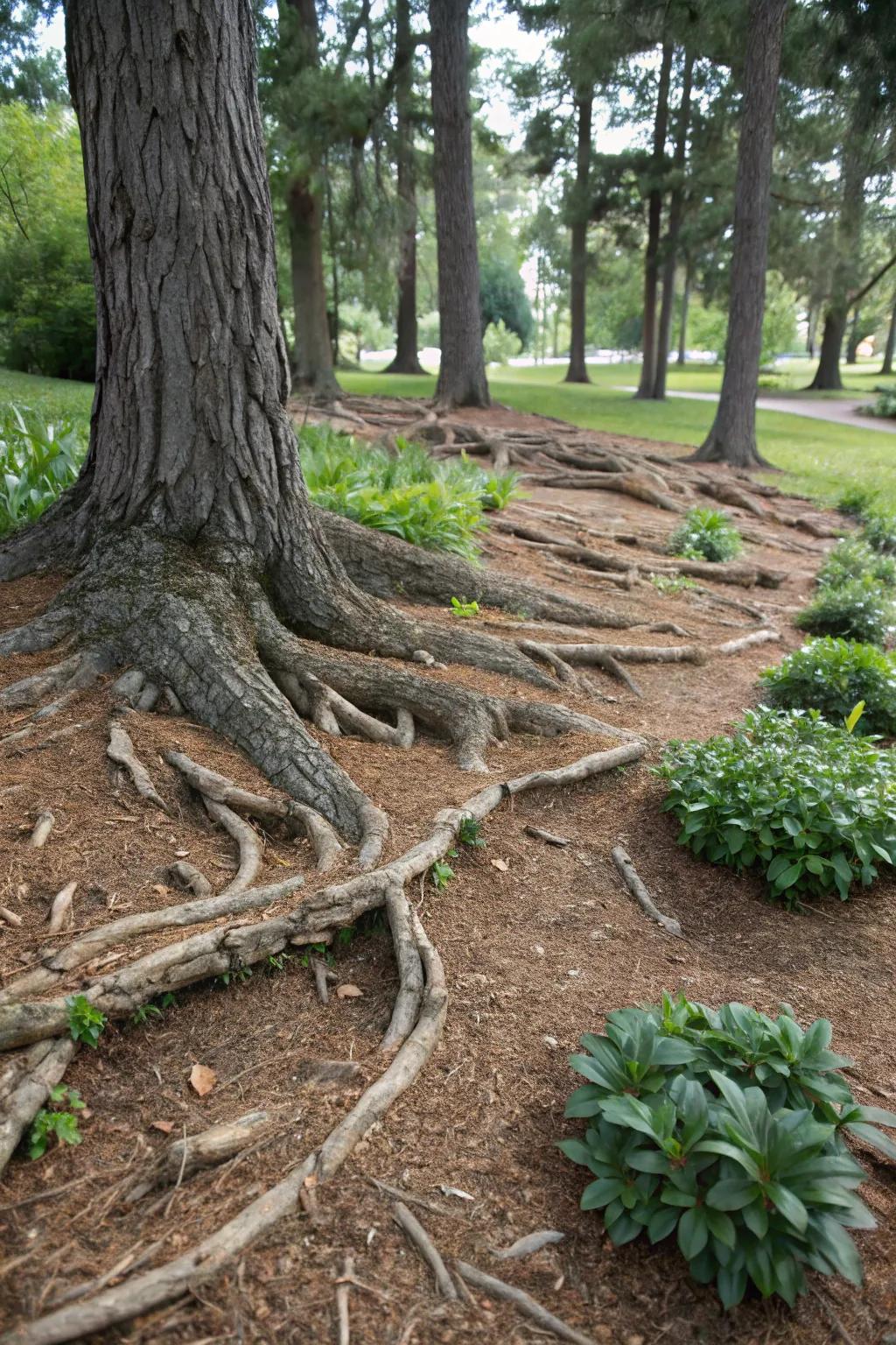Apparent roots can evolve into a compelling attribute in garden design.