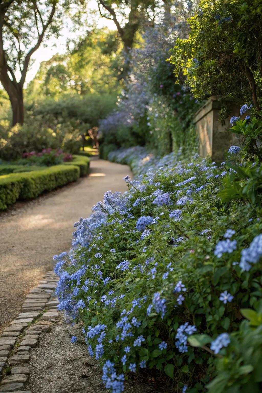 A hidden garden corner with blue plumbago flowers evoking a secret garden feel.