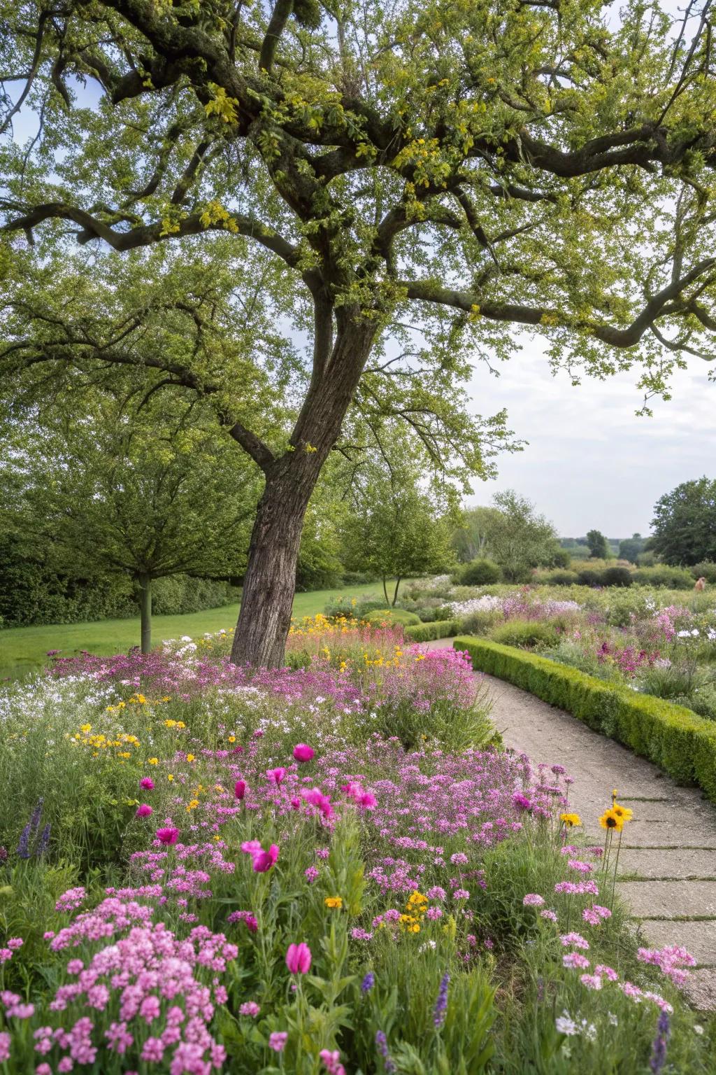 A tree with a colorful meadow of wildflowers, enhancing the garden's natural beauty.