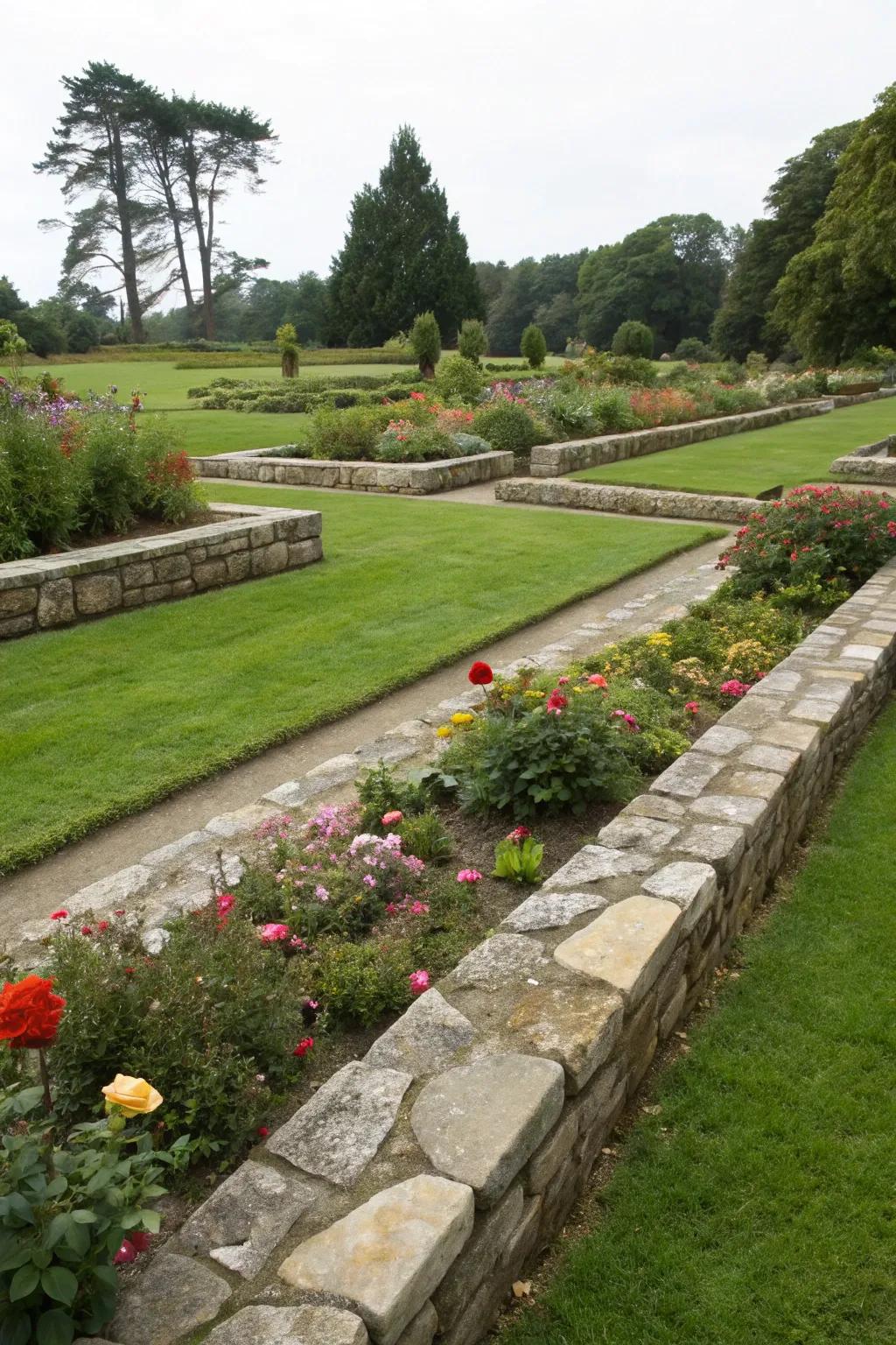 Stone boundaries gracefully separate and define garden areas.
