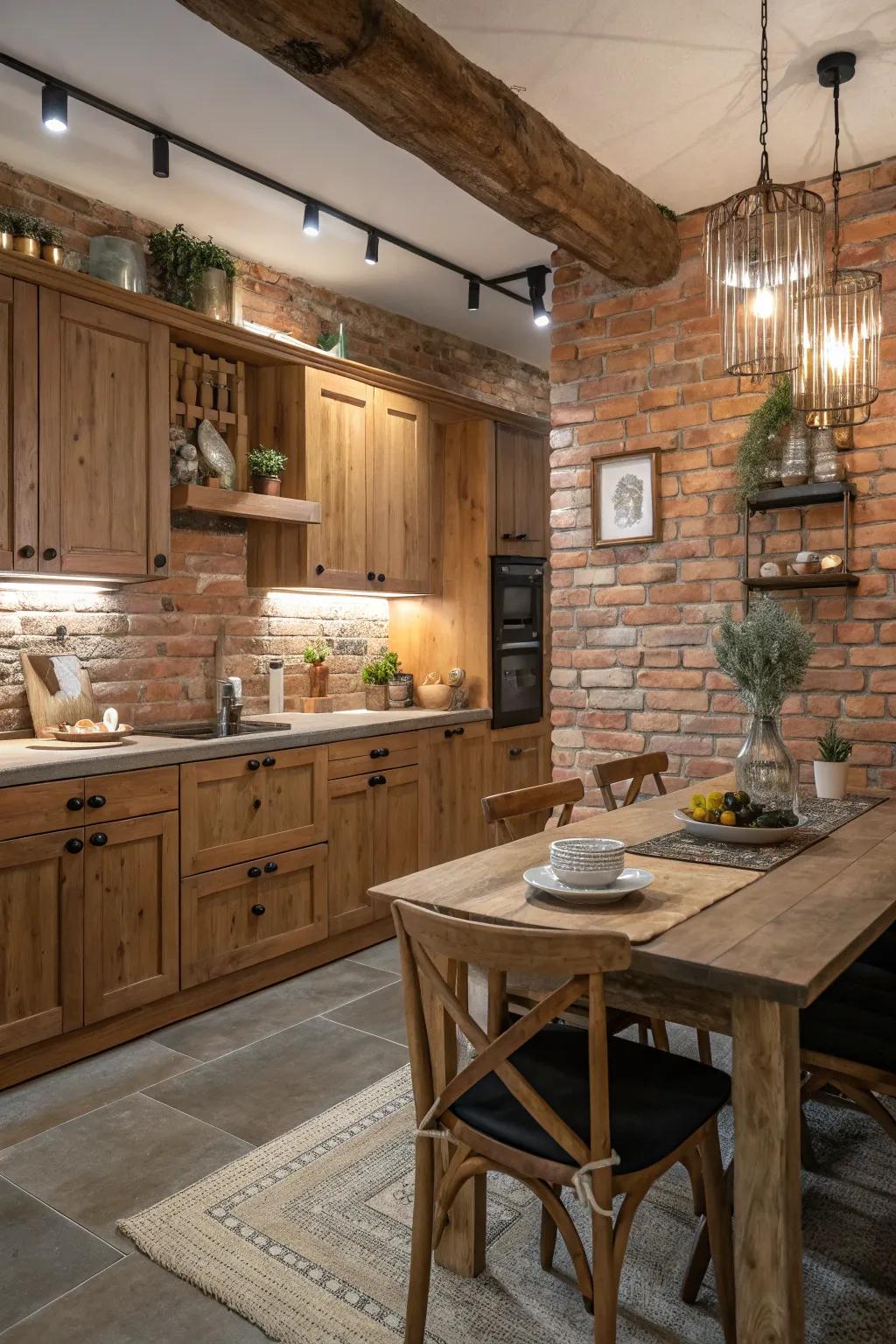 A kitchen showcasing exposed brick walls for added character.