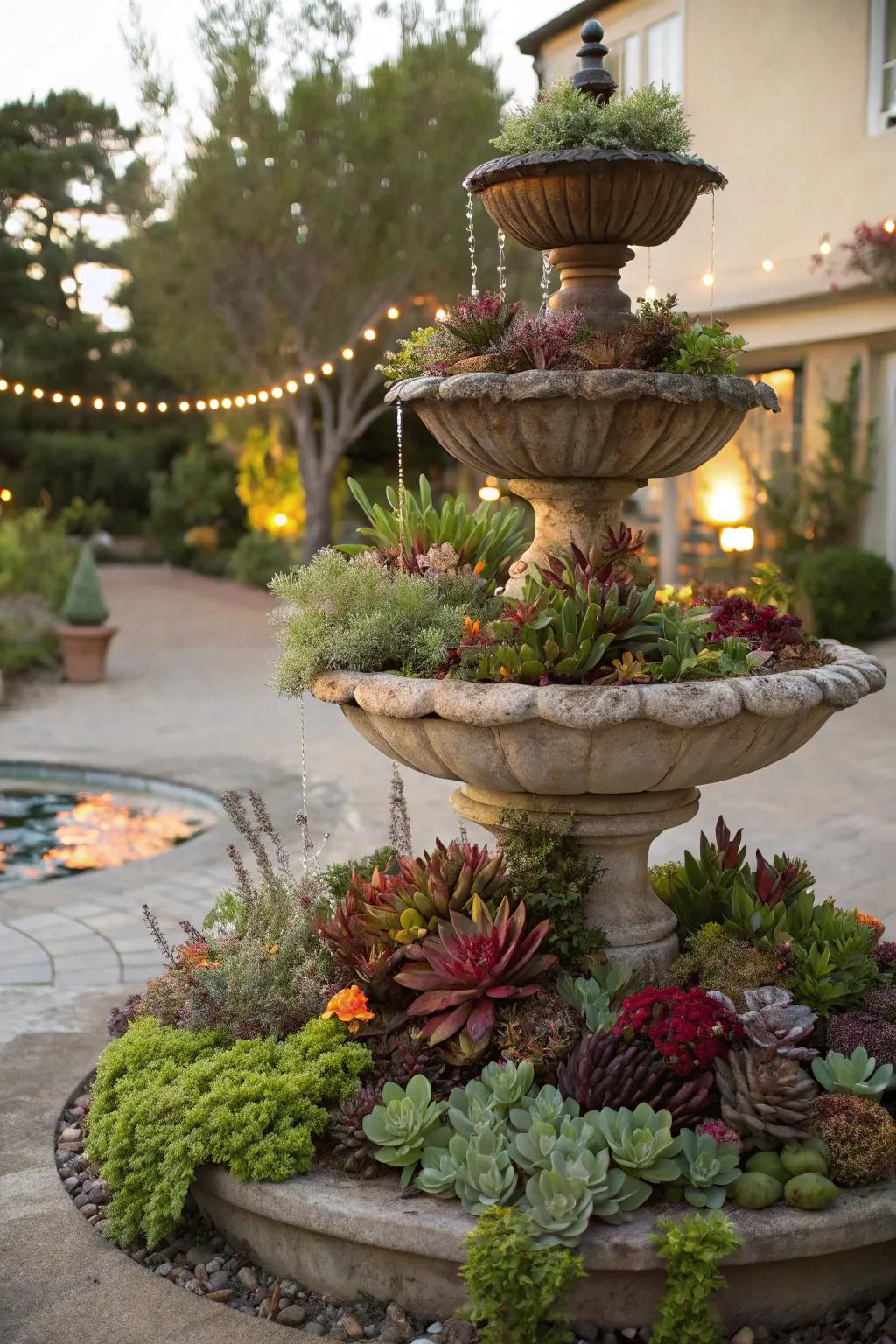 A non-functional fountain transformed into a succulent feature.