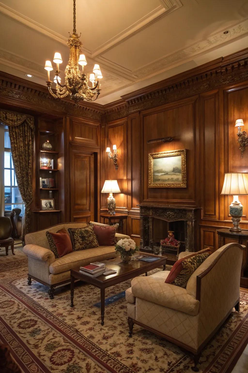 Mahogany walls infuse drama and opulence.