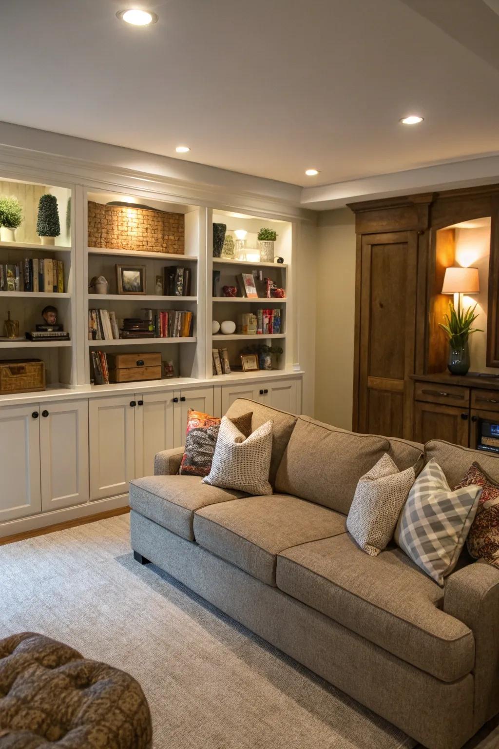 Streamline and organize around the sectional with clever storage.