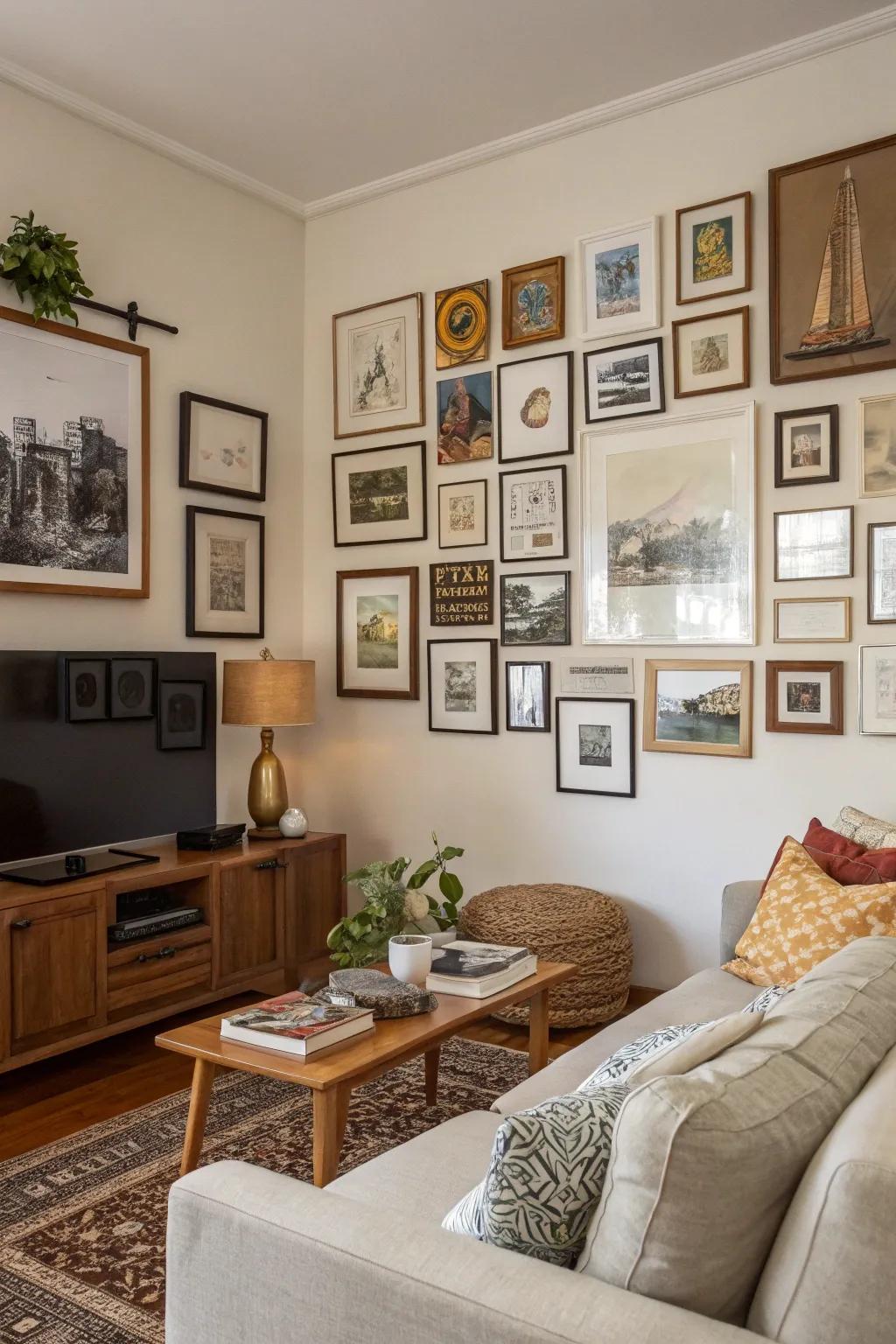 A living room with a unique gallery wall of art and photographs.