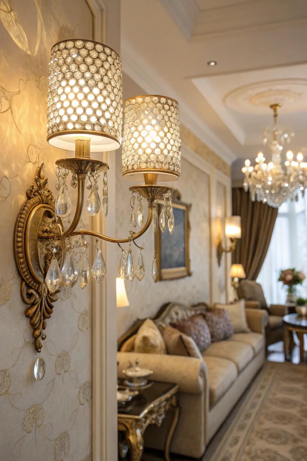 Elegant sconces give a touch of refinement and sparkle.