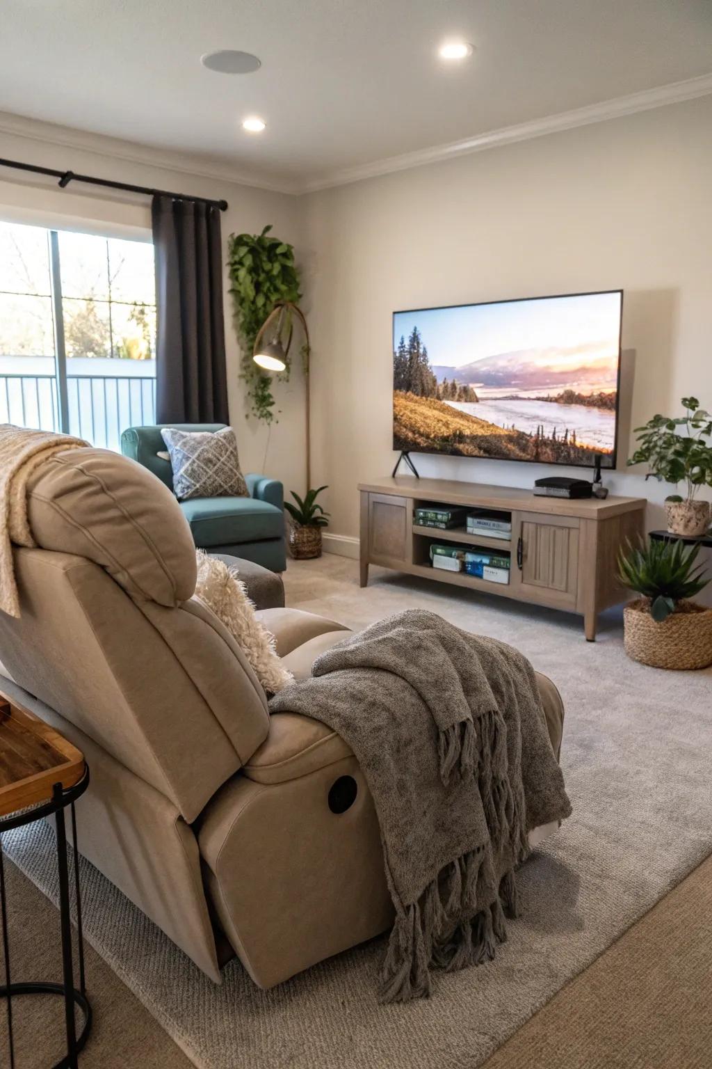 A perfect TV watching spot with a well-positioned recliner.