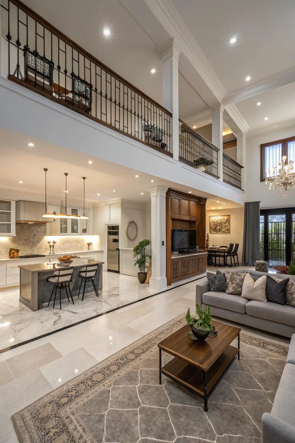 Multi-tier flooring adds depth and definition.