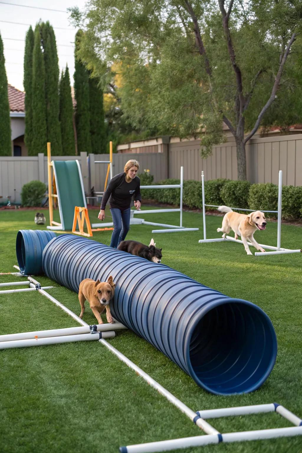 An attractive garden arrangement with agility elements for energetic pets.