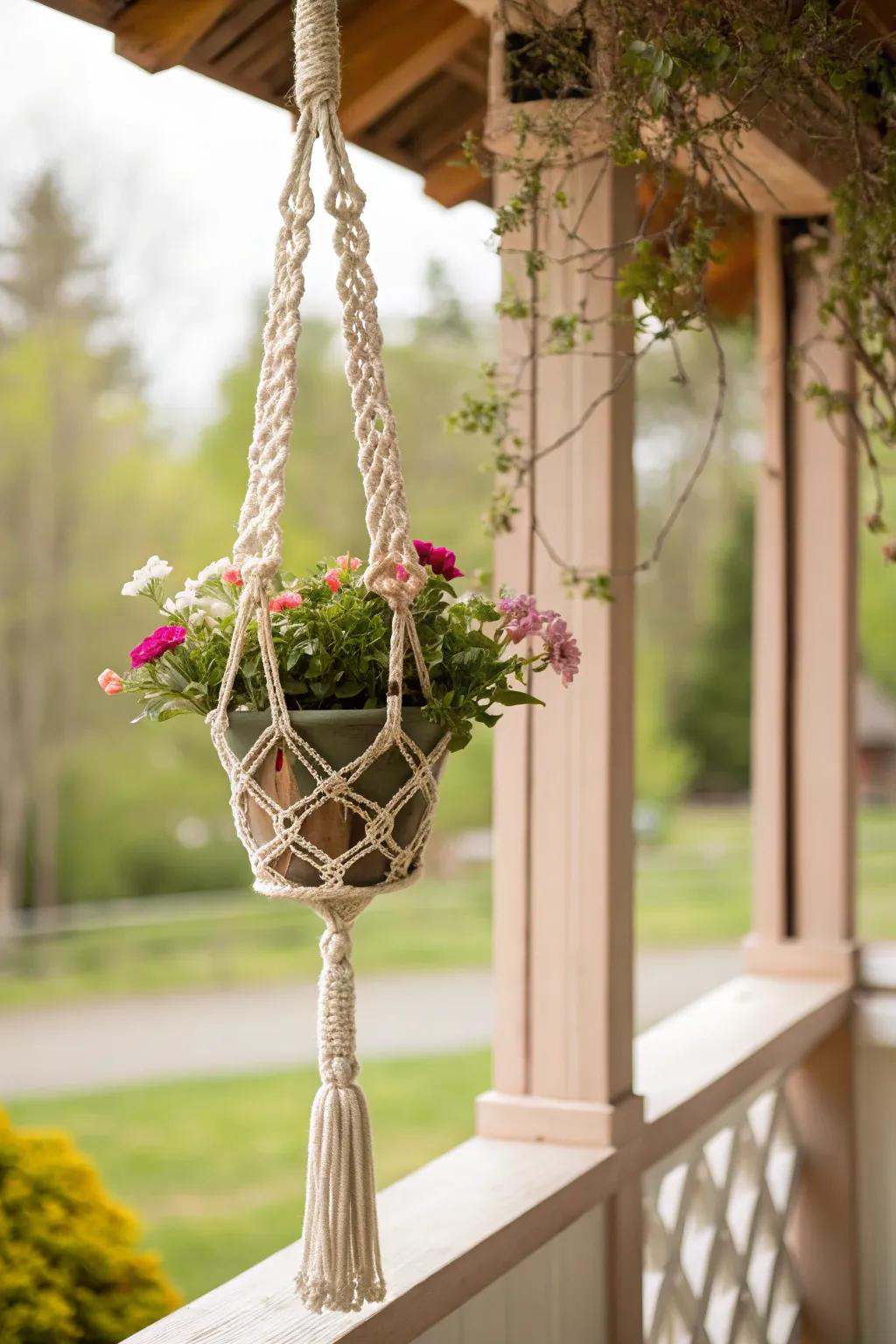 Elevate your outdoor space with a handcrafted macrame plant hanger that melds simplicity and natural beauty.