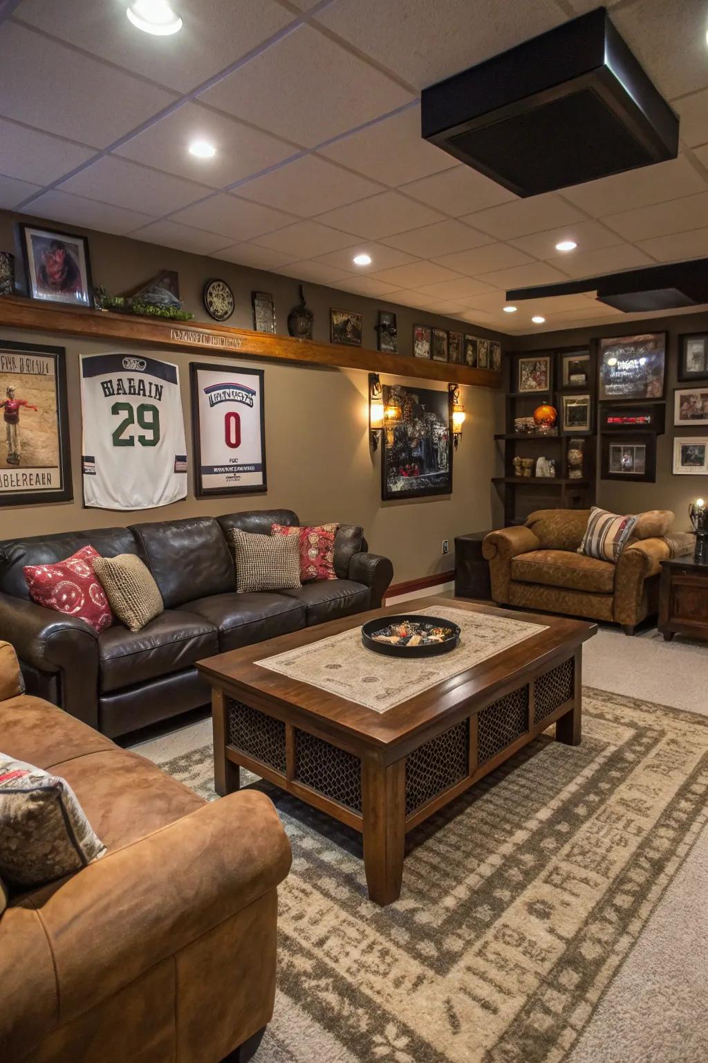 A center coffee table anchors this stylish man cave.