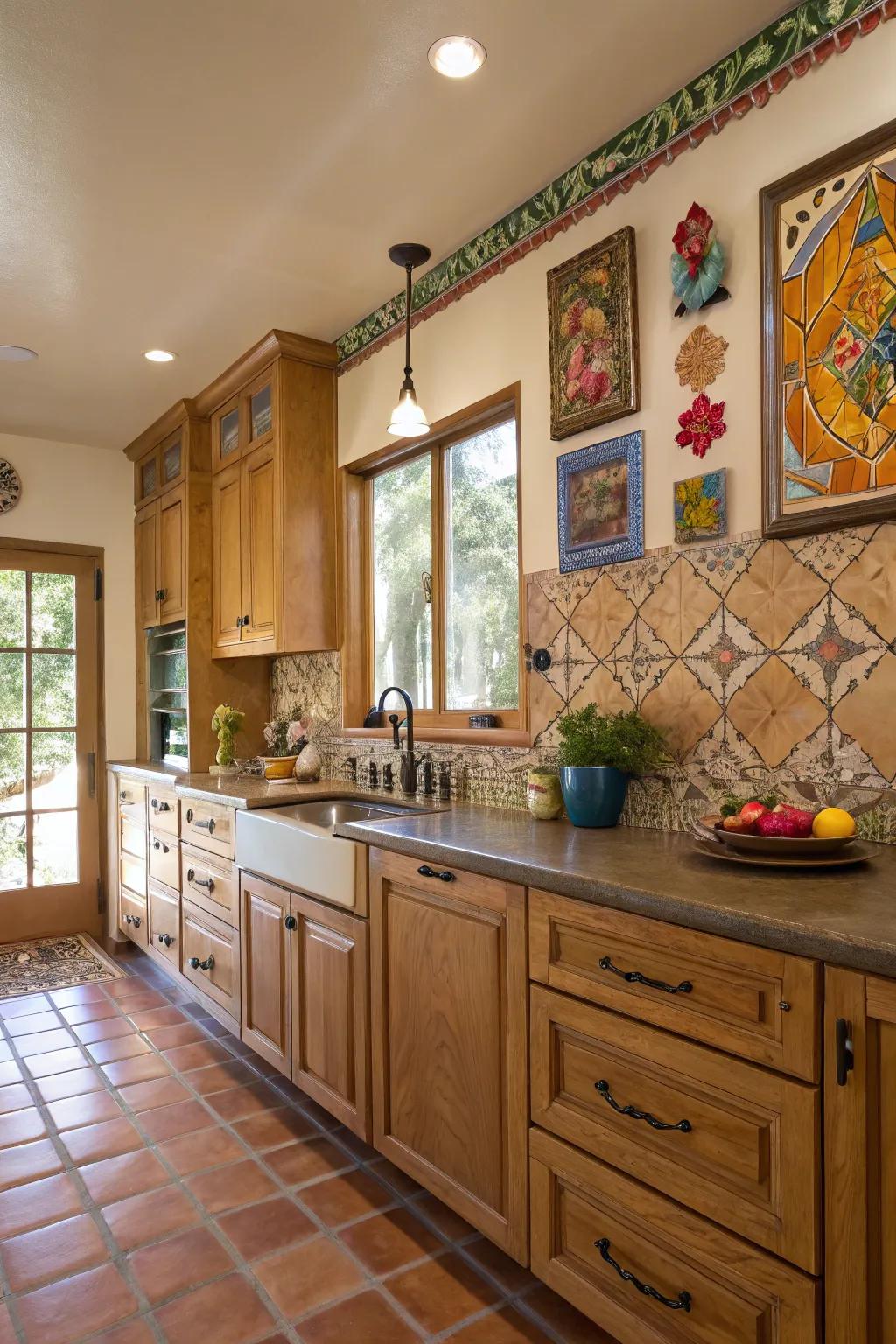 A creative kitchen with maple cabinets and artistic elements for a personal touch.