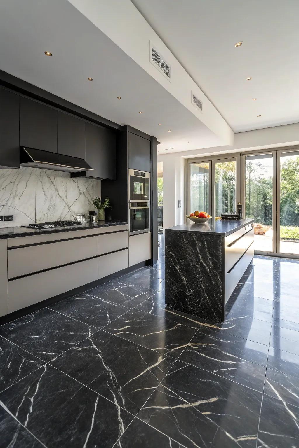 A modern kitchen featuring sleek and sophisticated Iris Black marble floors.