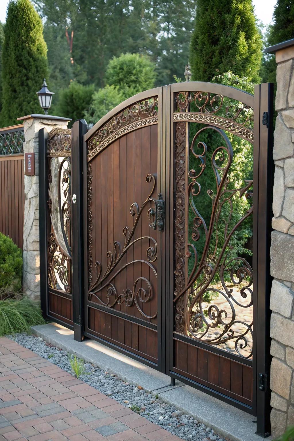 Elevate your home's entrance with a timeless blend of wood and wrought iron.