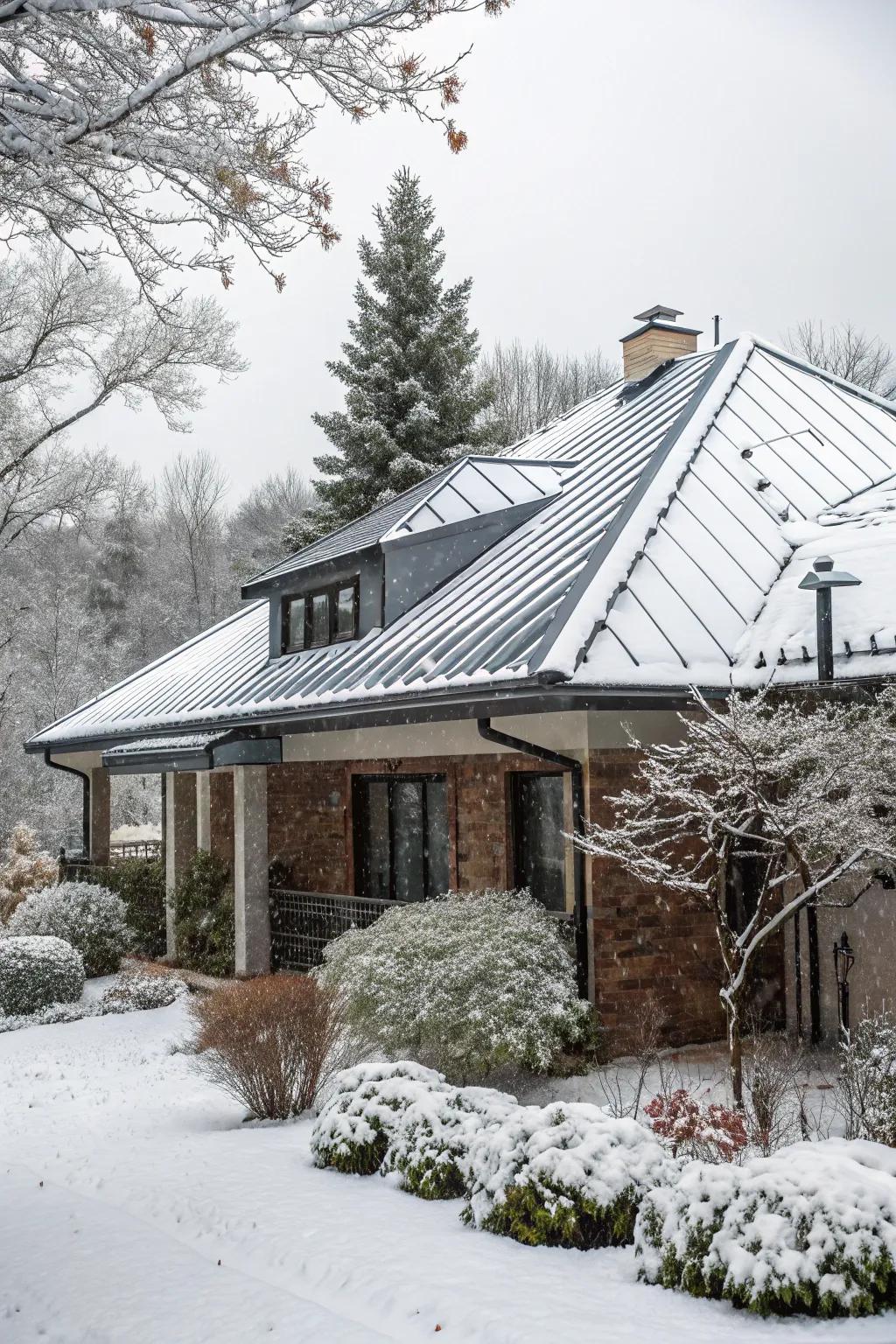 A snowy home with a metal roof and snow guards.