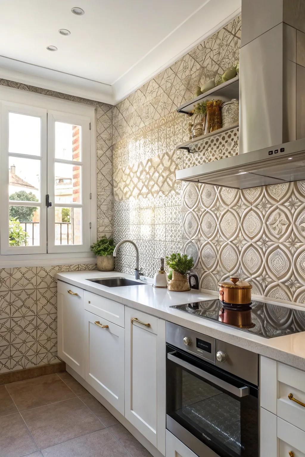 A kitchen featuring a patterned metal tile backsplash for artistic flair.