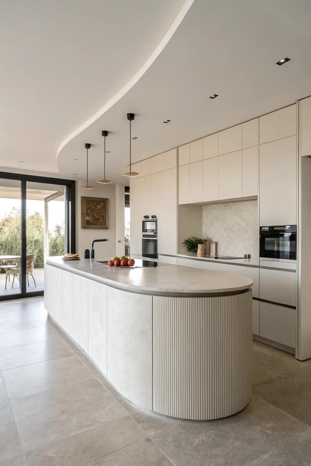 A rounded island adding movement and interest to a minimalist kitchen.