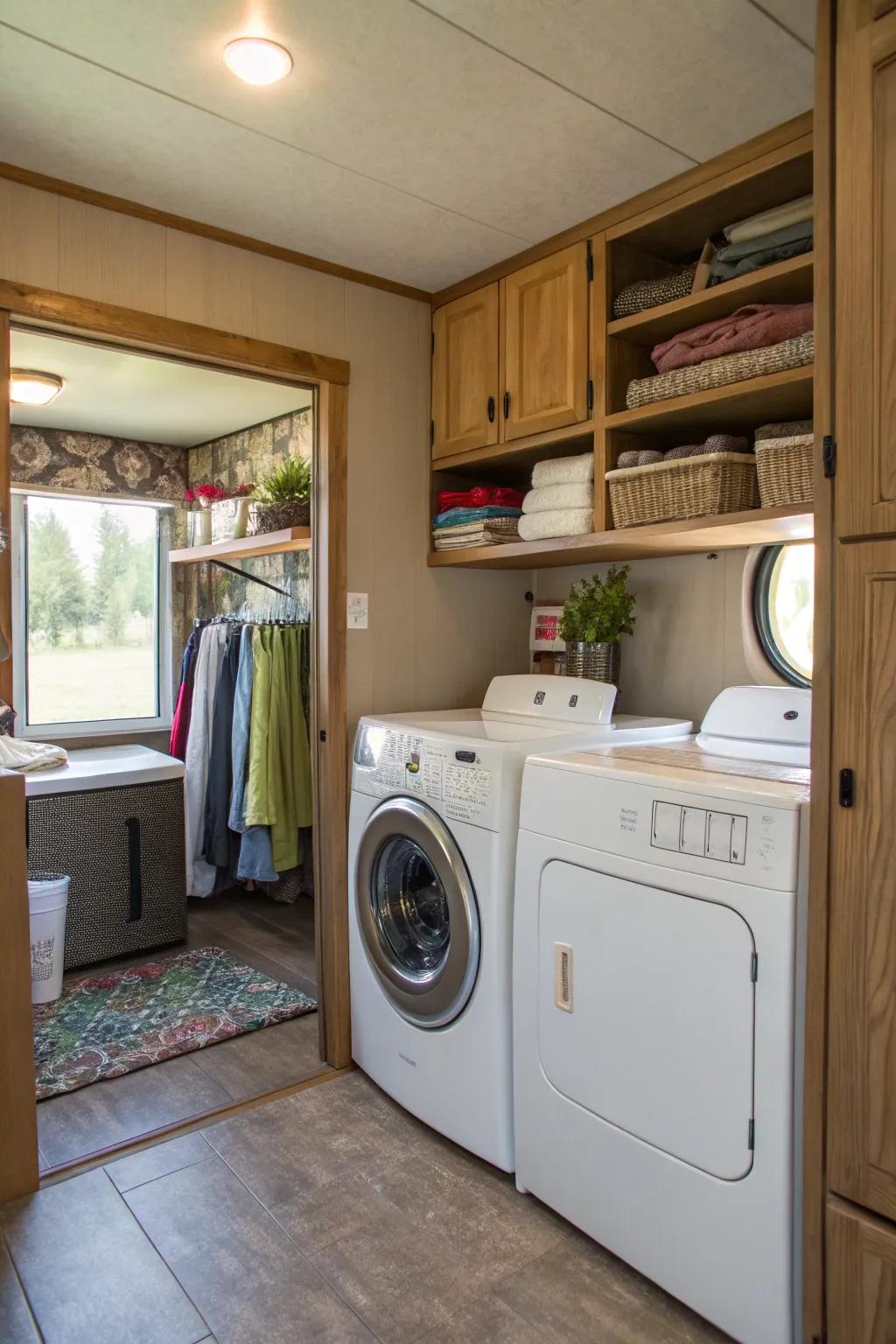 A well-equipped washing area featuring washer, dryer, and storage, making laundry tasks convenient.