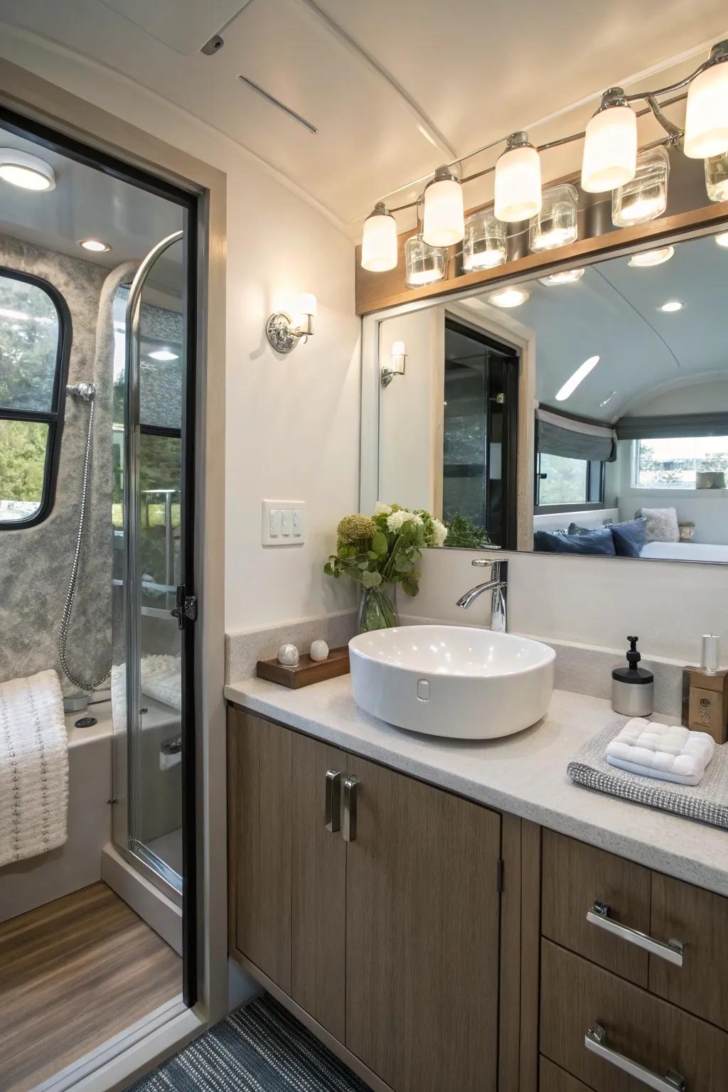 Modern fixtures elevate the bathroom's style.