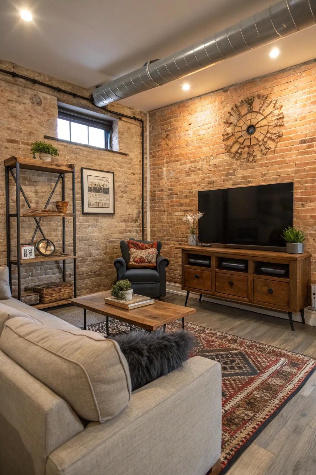 Exposed brickwork adds industrial charm to the TV wall.