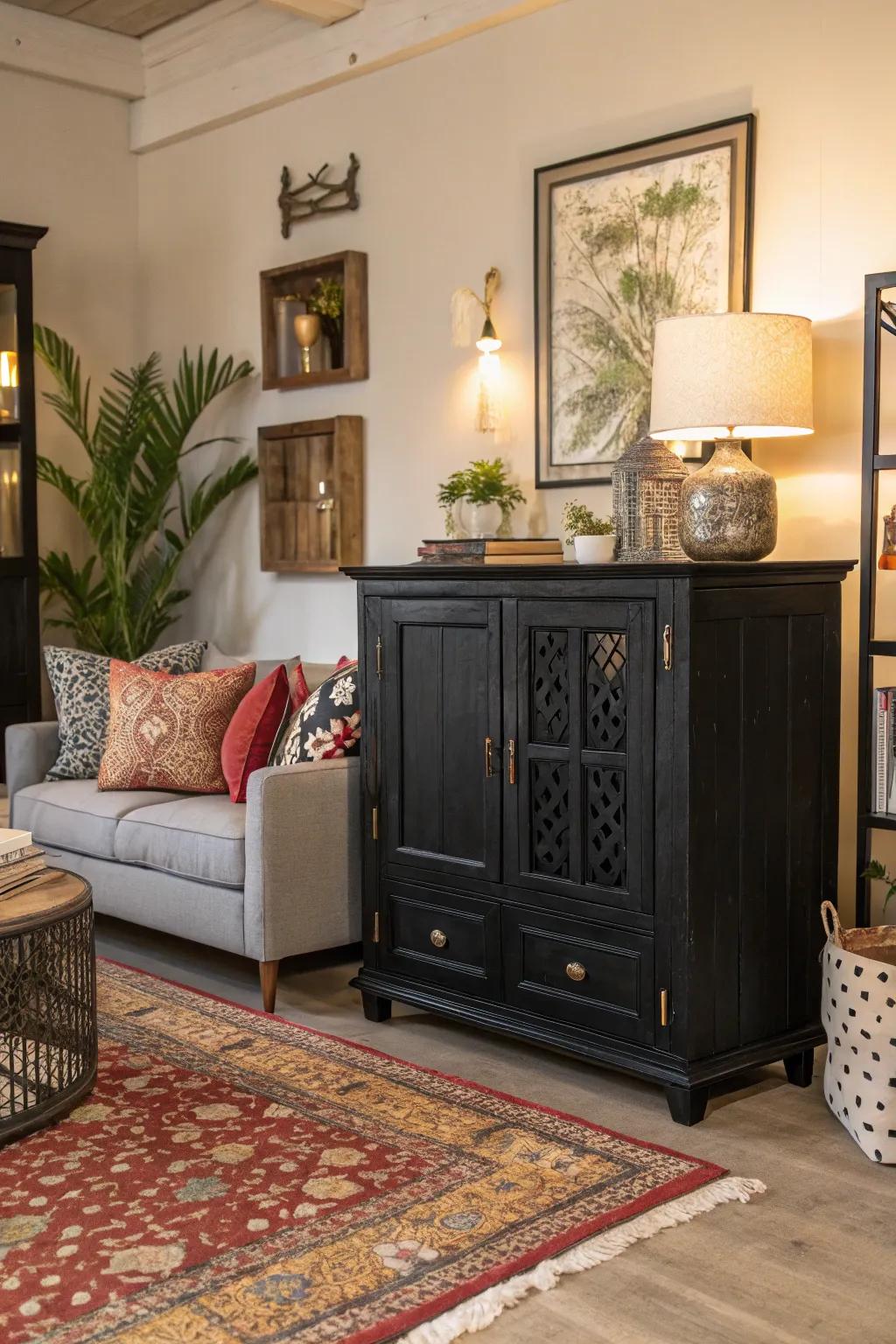 A statement black furniture piece anchors the room with sophistication.