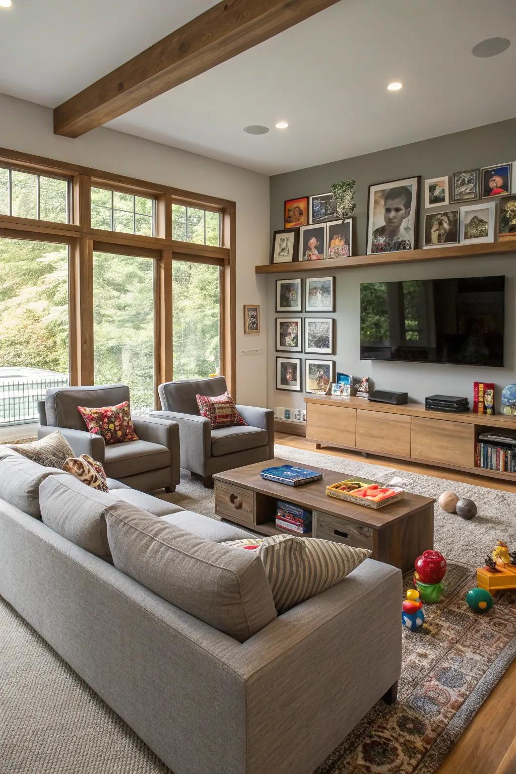 A family-friendly layout that encourages interaction and connection in a modern family room.