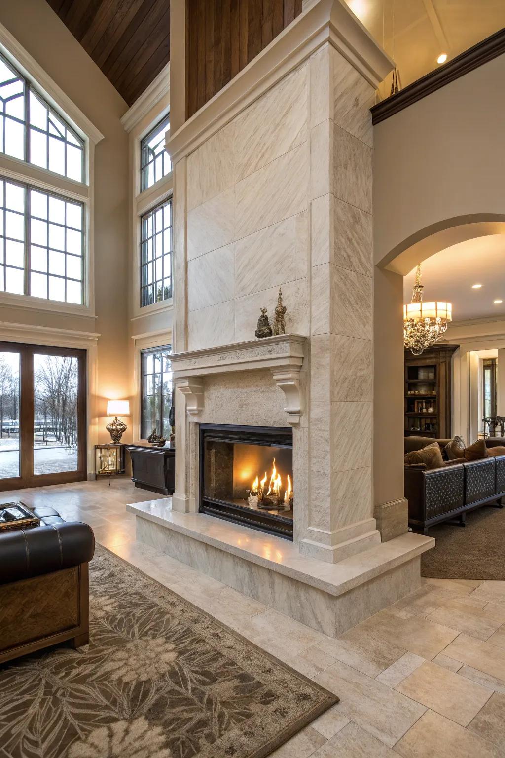 A durable and expressive crystalline tile fireplace.