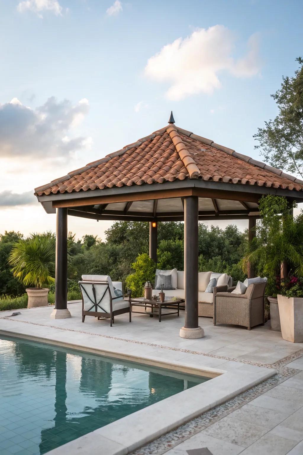 A poolside gazebo with a clay-tile roof offering a classic and functional retreat.