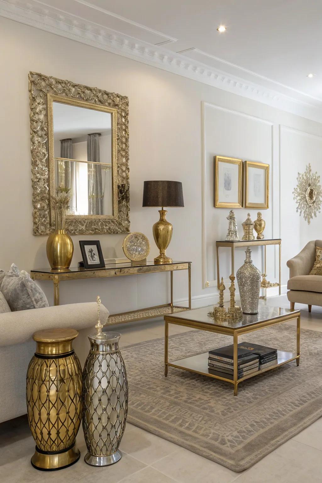 A minimalist approach to decor with gold and silver creates a sleek and elegant look.