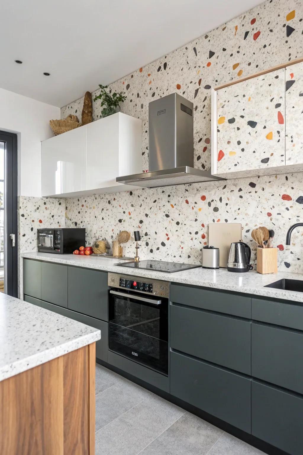 Terrazzo tiles add playful texture and color.