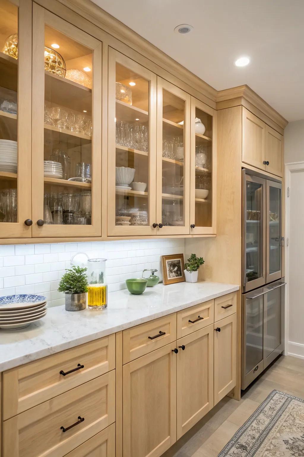 Glass cabinet doors add openness and display opportunities in a kitchen.