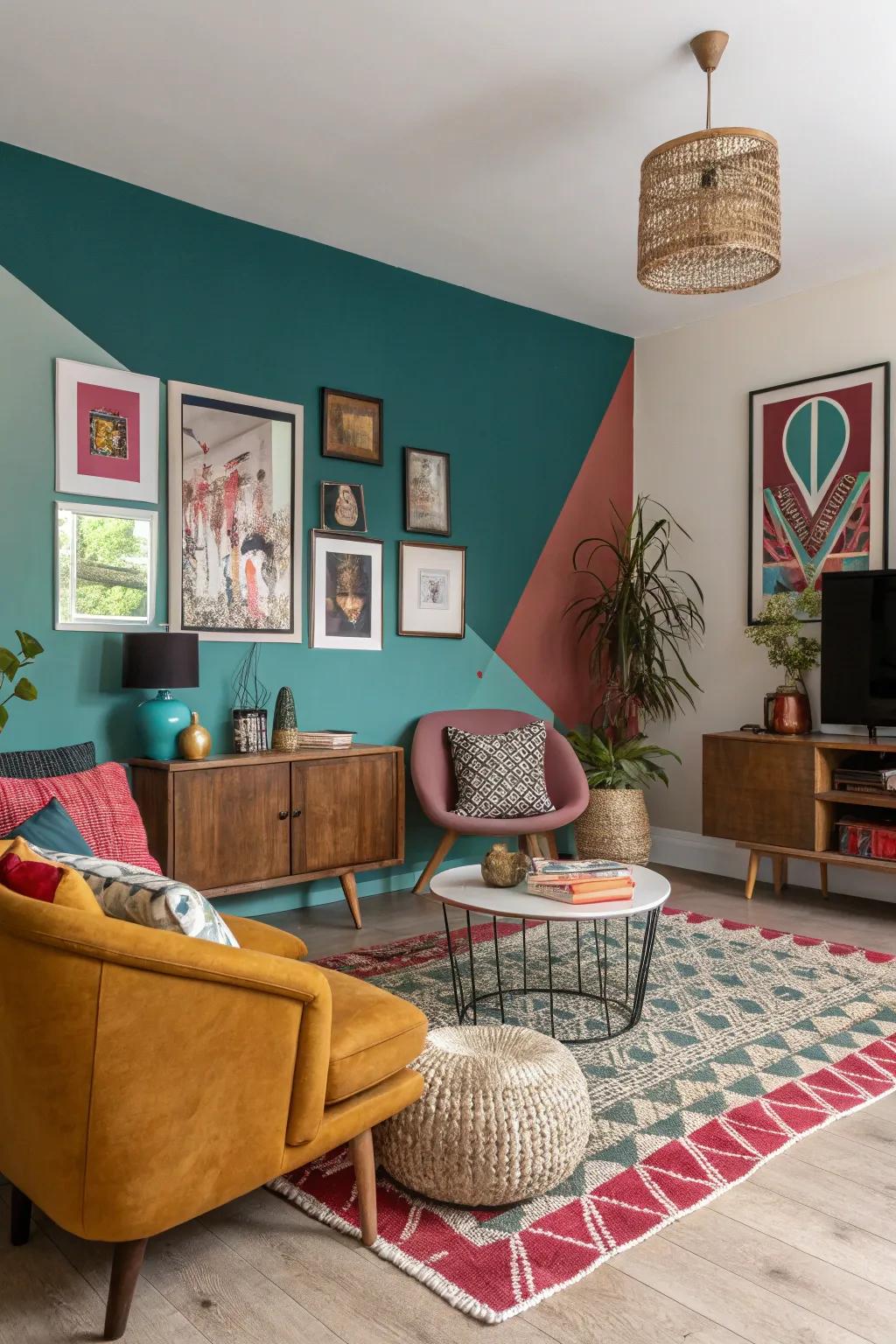 Bi-color walls redefine this living space with unexpected inventiveness and delight.