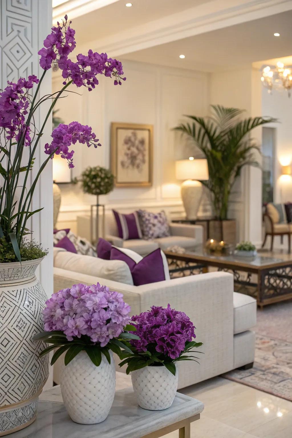 Purple plants and flowers adding a natural touch to the living room.