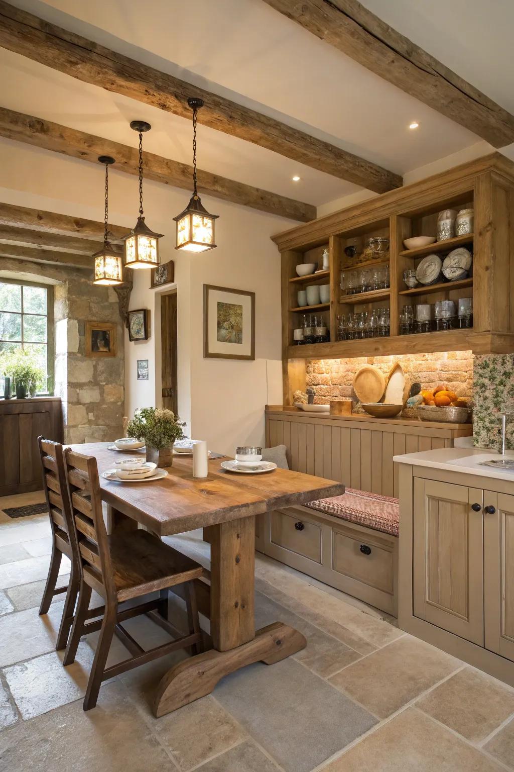 A cozy nook provides a perfect spot for morning coffee or family meals.