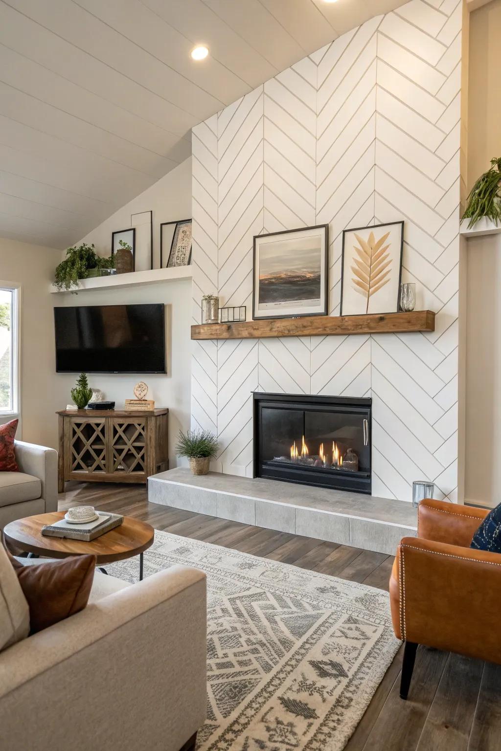 A dynamic diagonal shiplap fireplace.