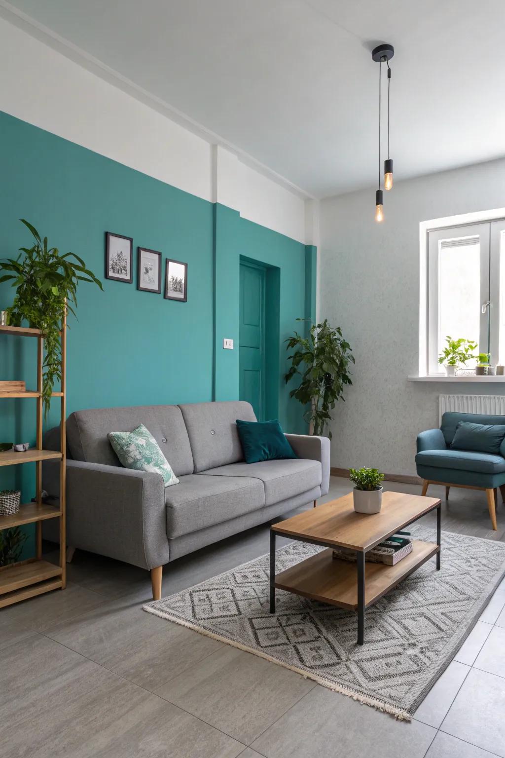 A minimalist approach in teal and grey creates a serene living space.