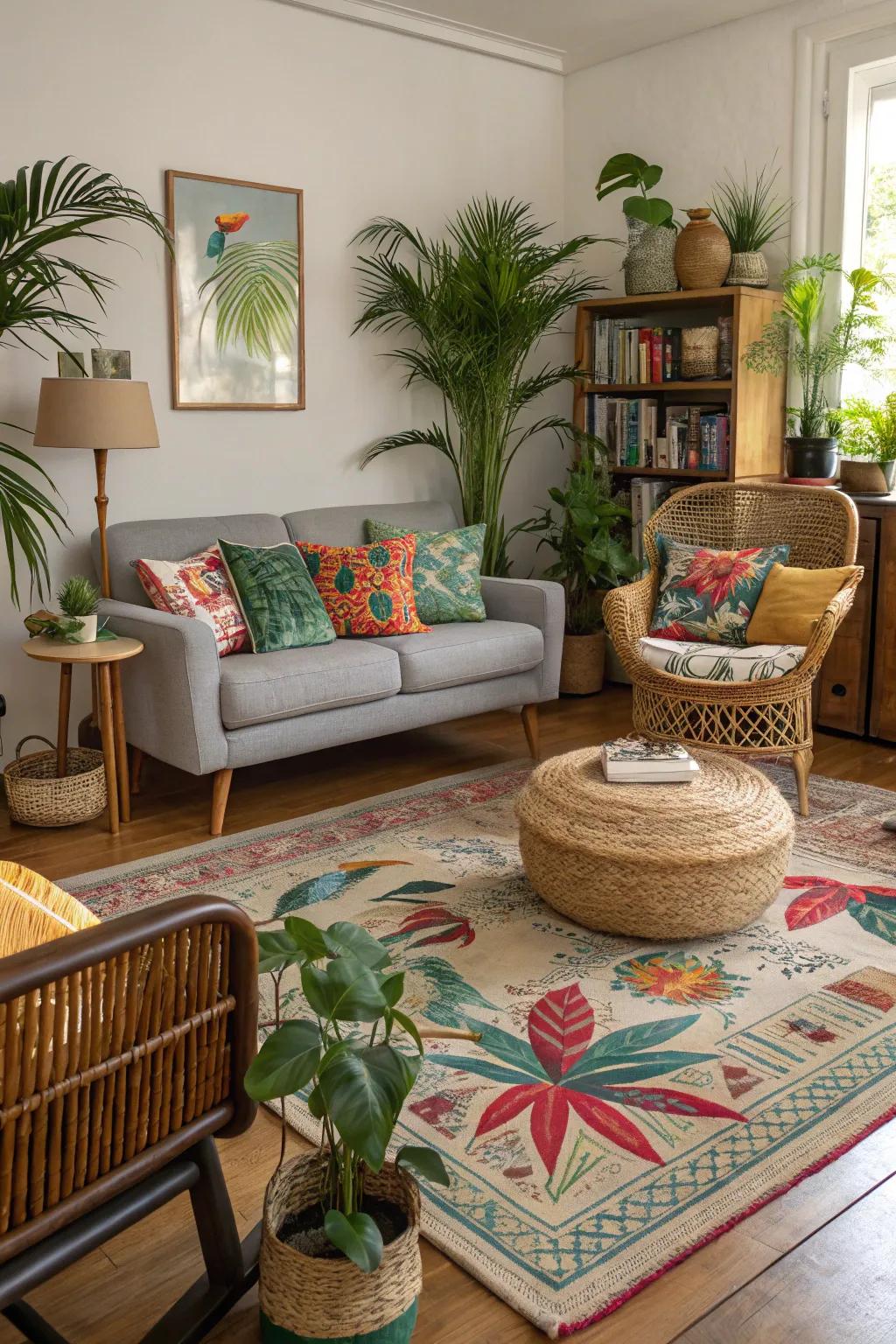 Blending contemporary and vintage pieces contributes character to the living space.