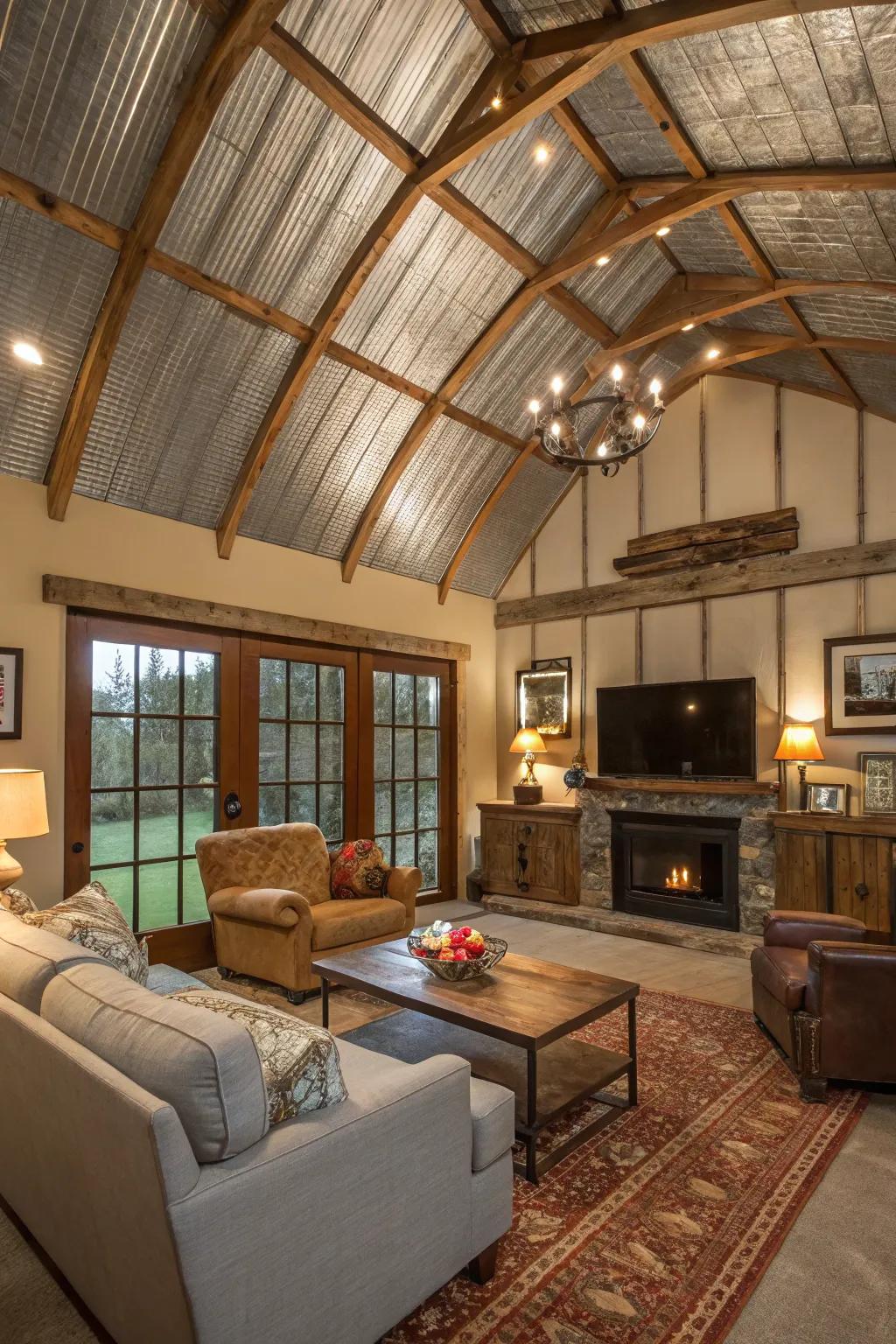 Uncommon materials design a unique and engaging ceiling within this living room.