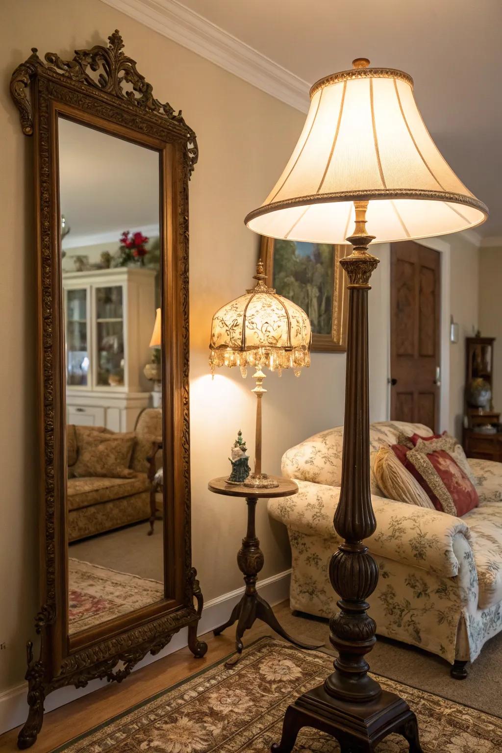 Unexpected items adding intrigue to a dimly lit living room.