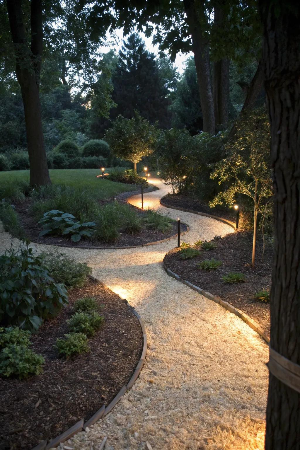 Light-colored mulch brightens paths and reflects moonlight.