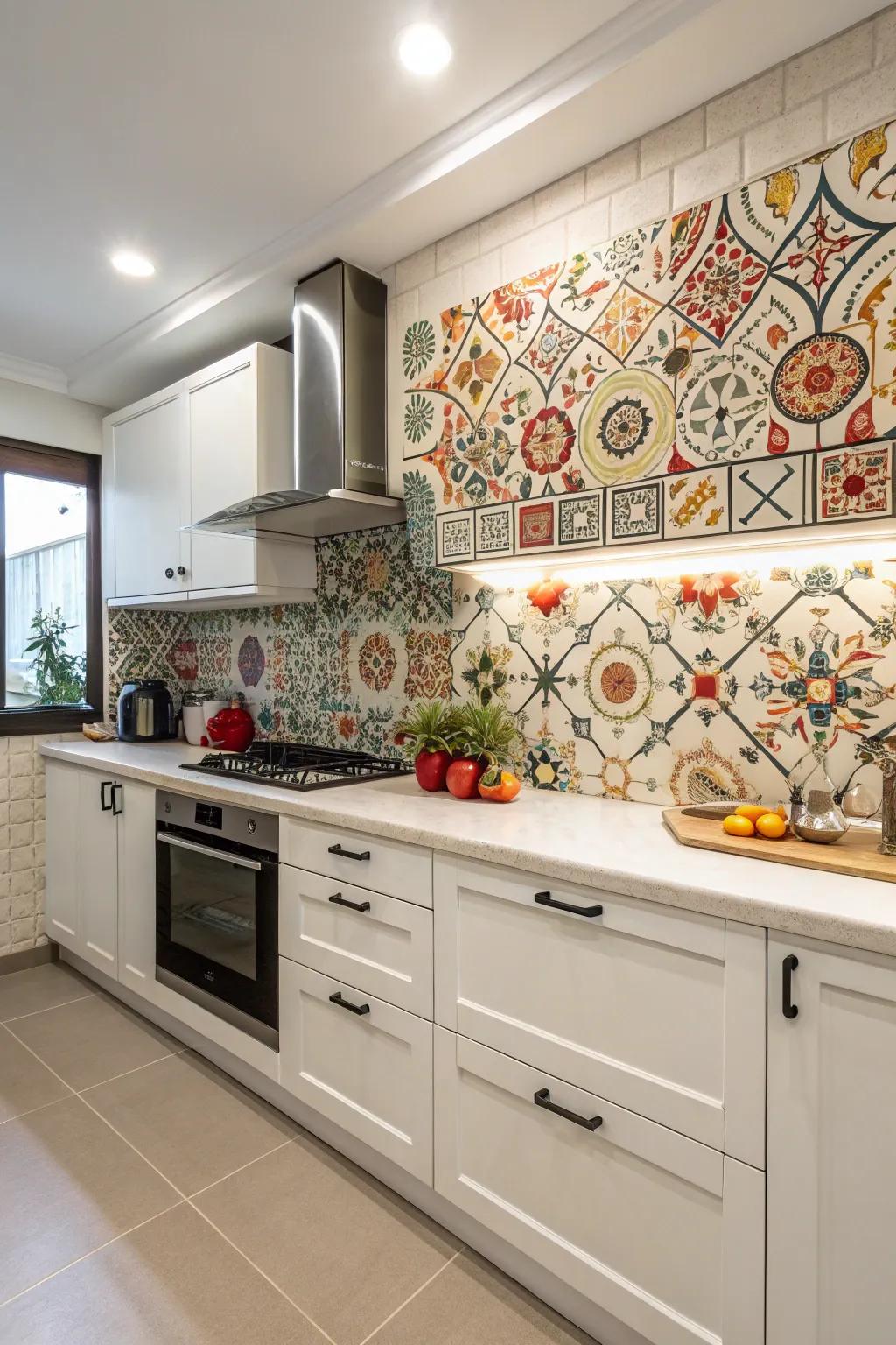 A bold splashback contributes personality and a focal point to the kitchen.