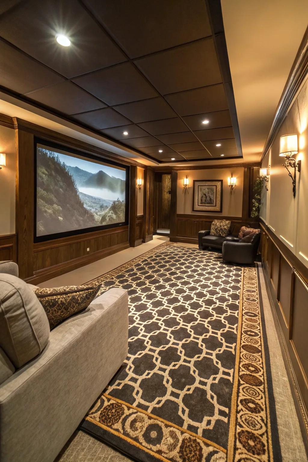 A bold rug can anchor and define your theater area.