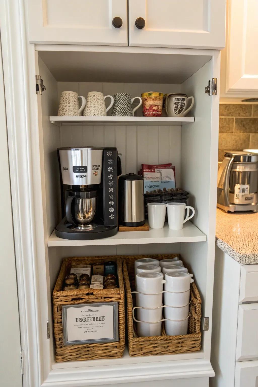A slender cabinet serving as a handy mini coffee bar.