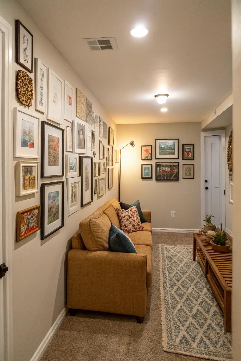 A wall of pictures adds personality to a small living room.