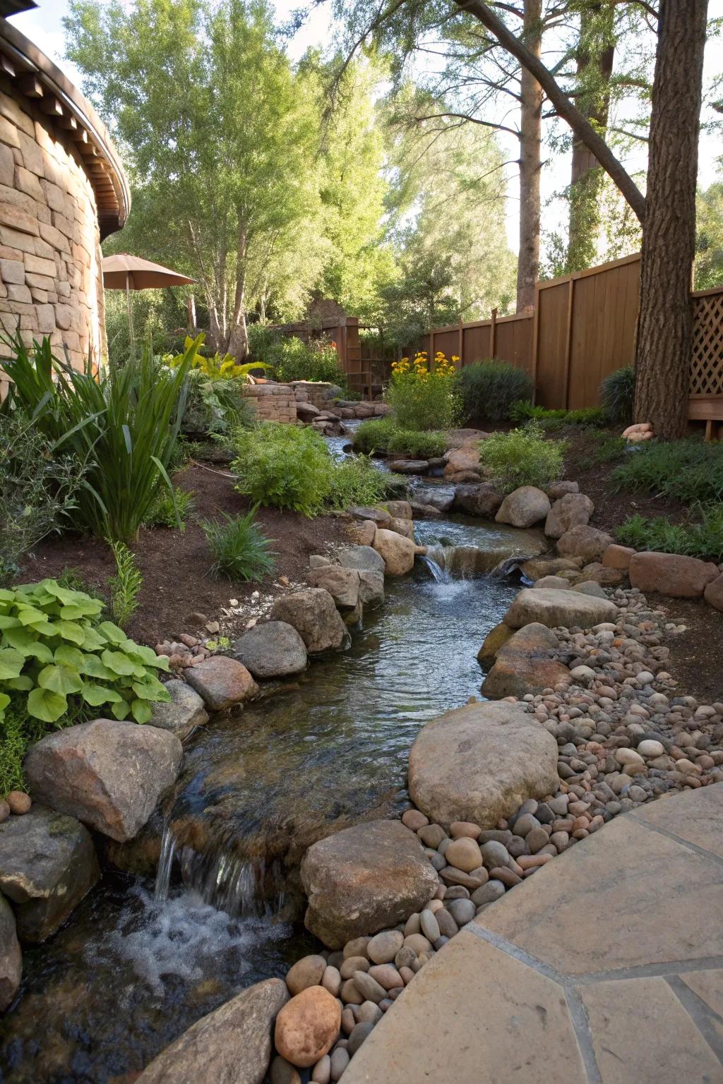 Rustic stones creating a natural streambed in the garden.