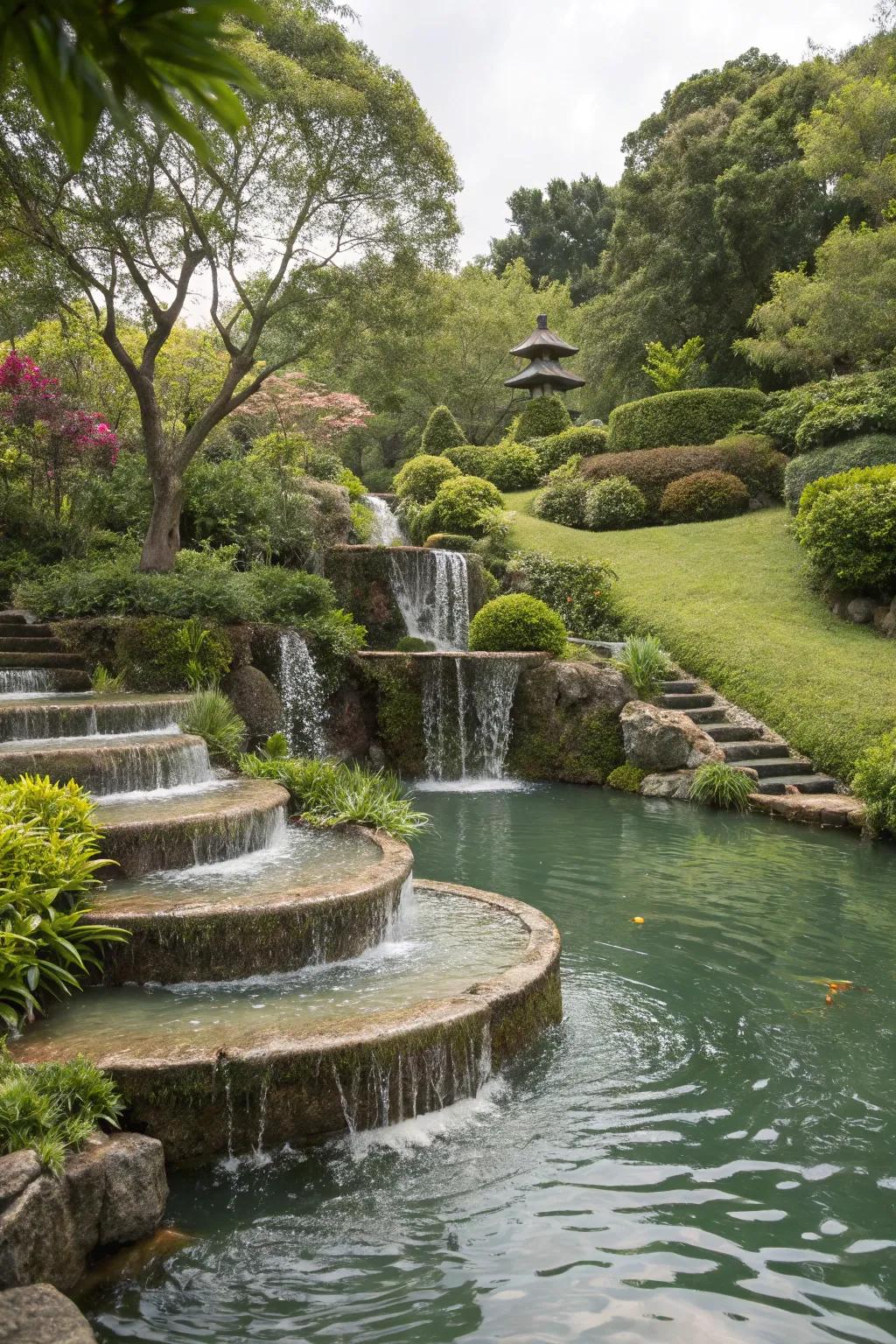 A multi-level pond creating a dynamic and natural water feature.