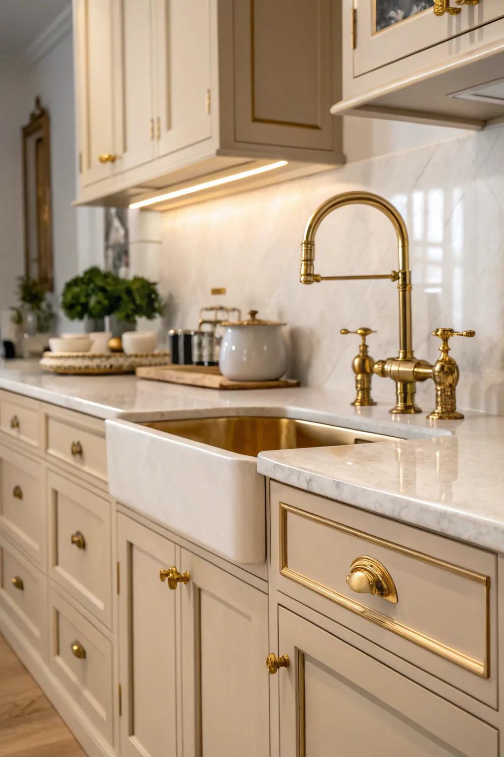 Brass fixtures introduce a warm touch of elegance.