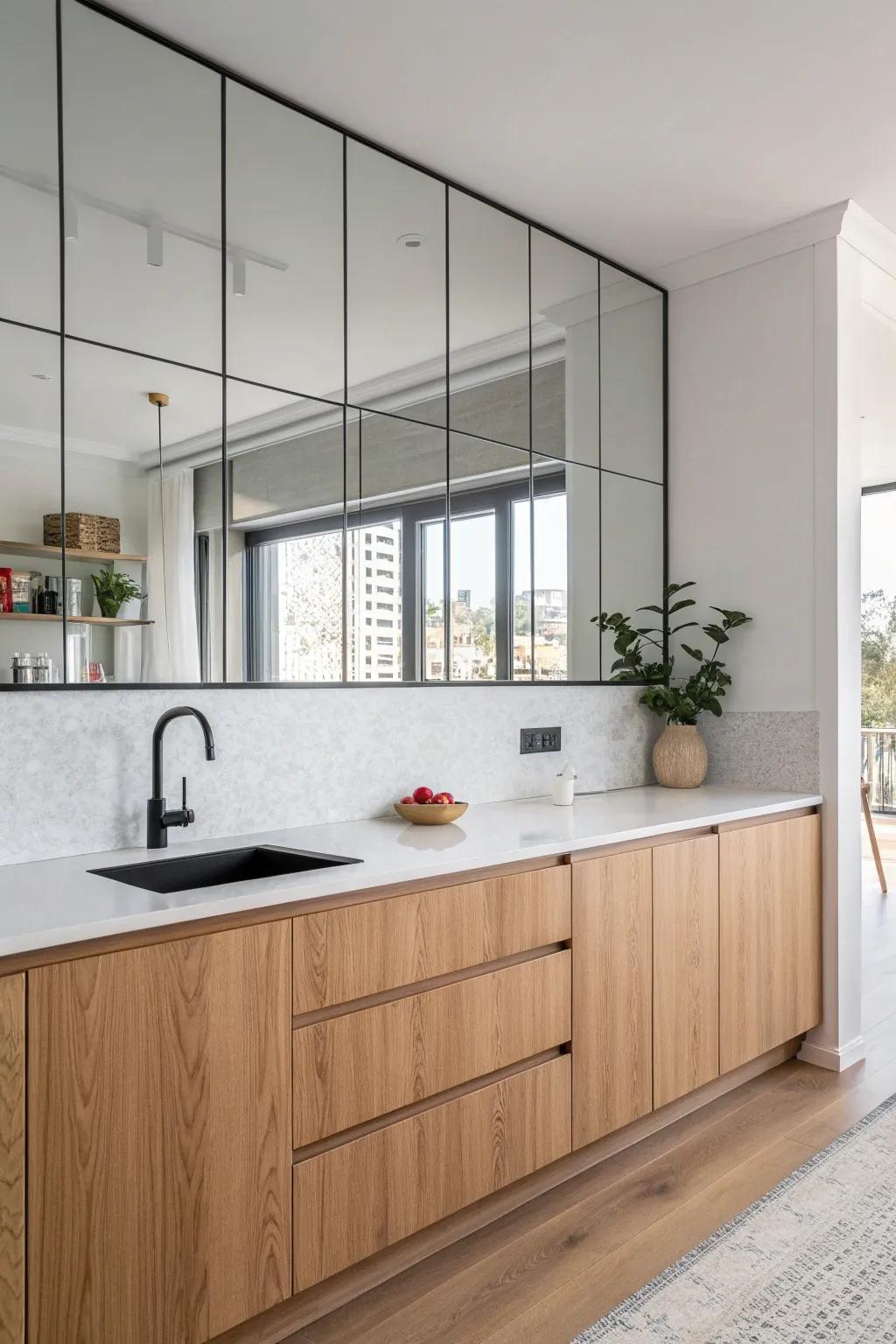Transform your kitchen with the magic of mirrored panels, bringing light and space to minimalist elegance.